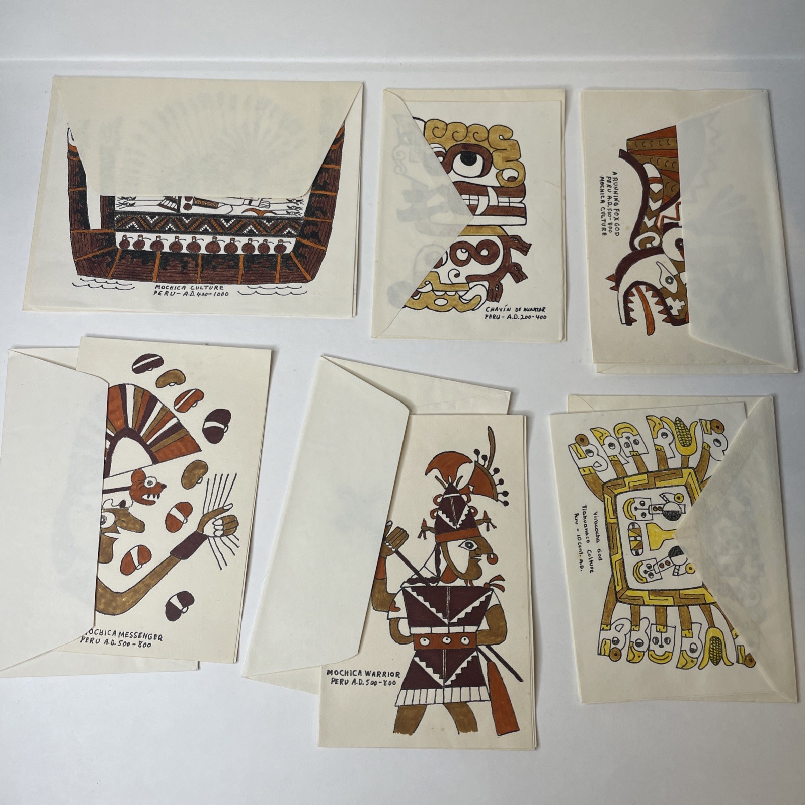 6 Vintage Peru Hand Painted Art Cards J Salomon Julie 1979 Moche Chavin Pottery