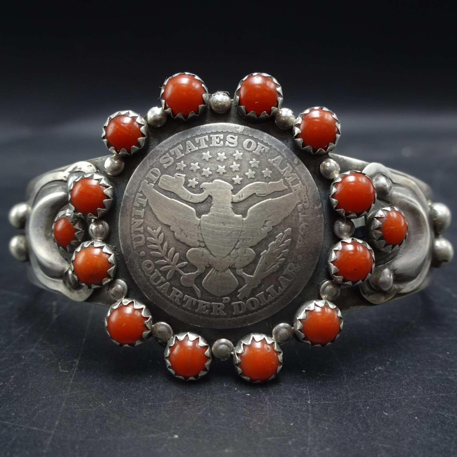 Buffalo Dancer TAOS Sterling 925 BARBER QUARTER Eagle COIN CORAL Cuff BRACELET
