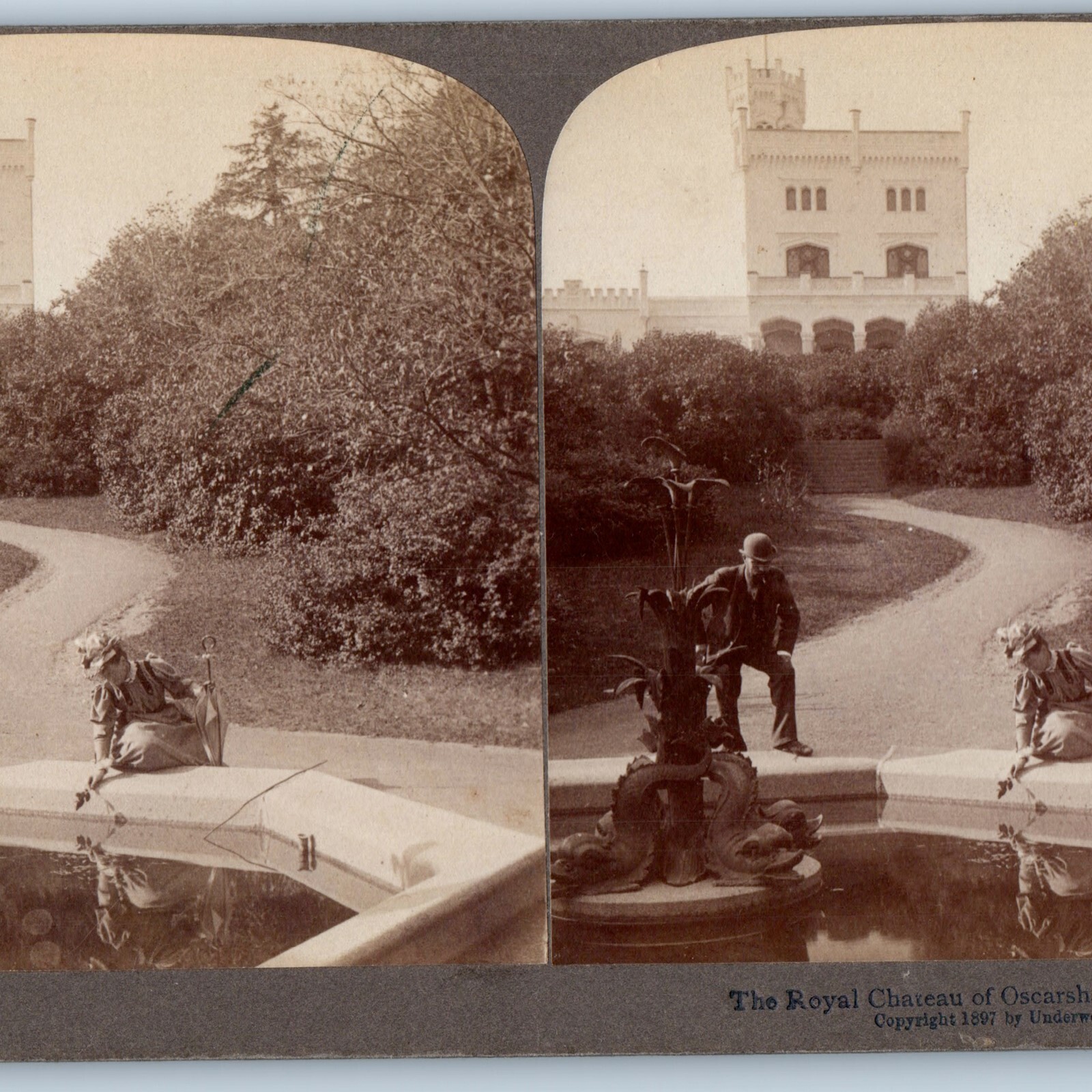 1897 Oslo, Norway Royal Chateau Oscarshall Stereo Real Photo Fun in Fountain V22