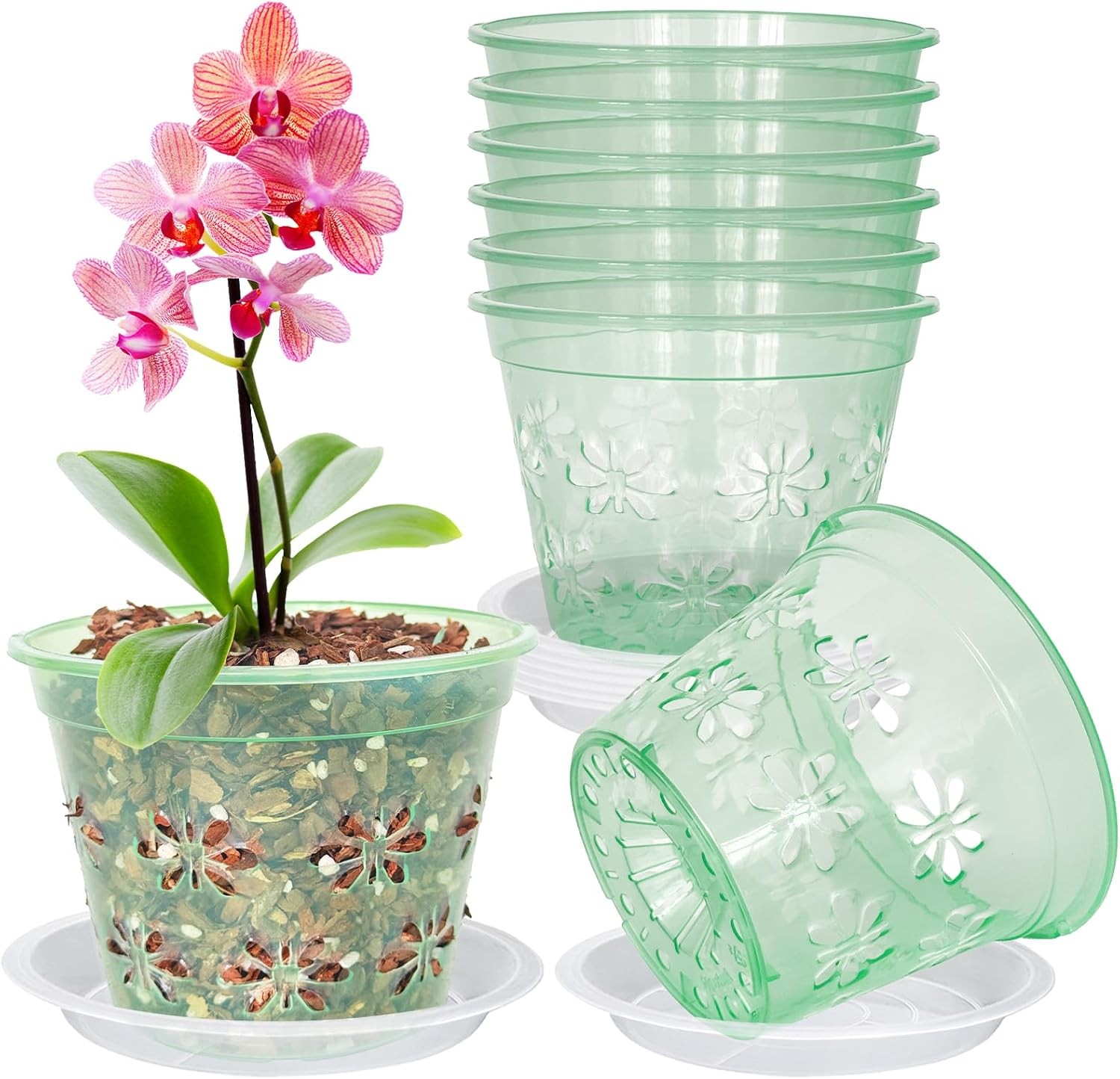Orchid Pot, 8 Pack 4 In Orchid Pots with Holes & Saucers, Clear Green