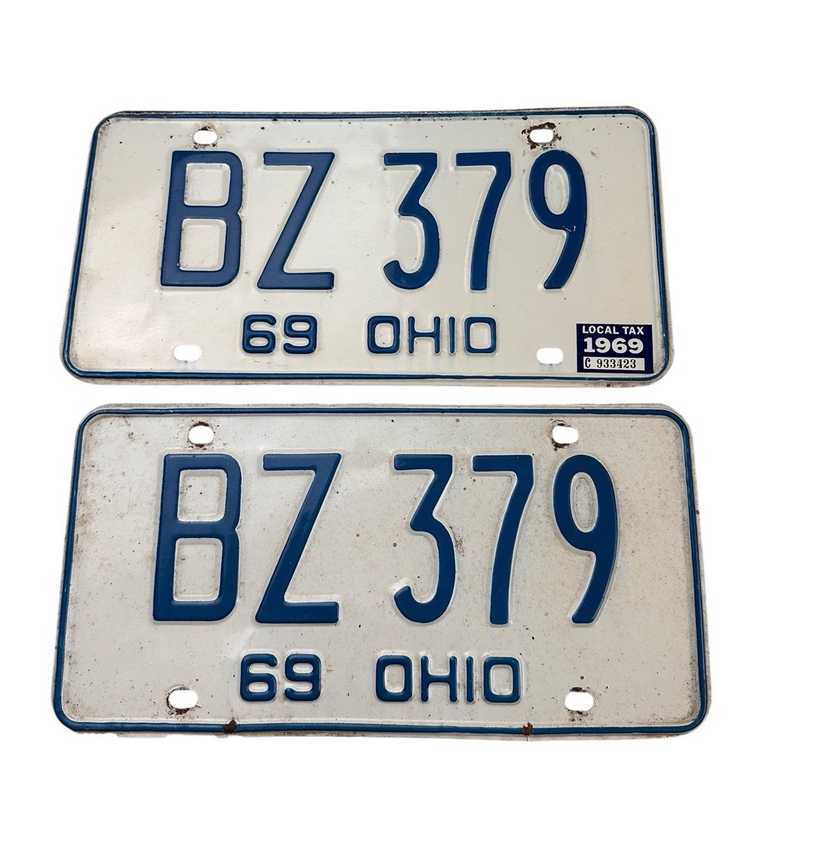 Vintage 1969 Ohio License Plates Pair White BZ 379 Vintage 1969 Ohio License Plates Pair White BZ 379