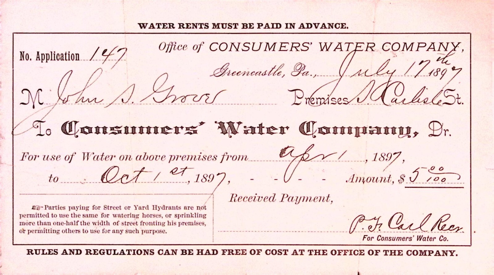 1897 Consumers Water Company Greencastle PA Water Bill Receipt John S. Gross 1897 Consumers Water Company Greencastle PA Water Bill Receipt John S. Gross