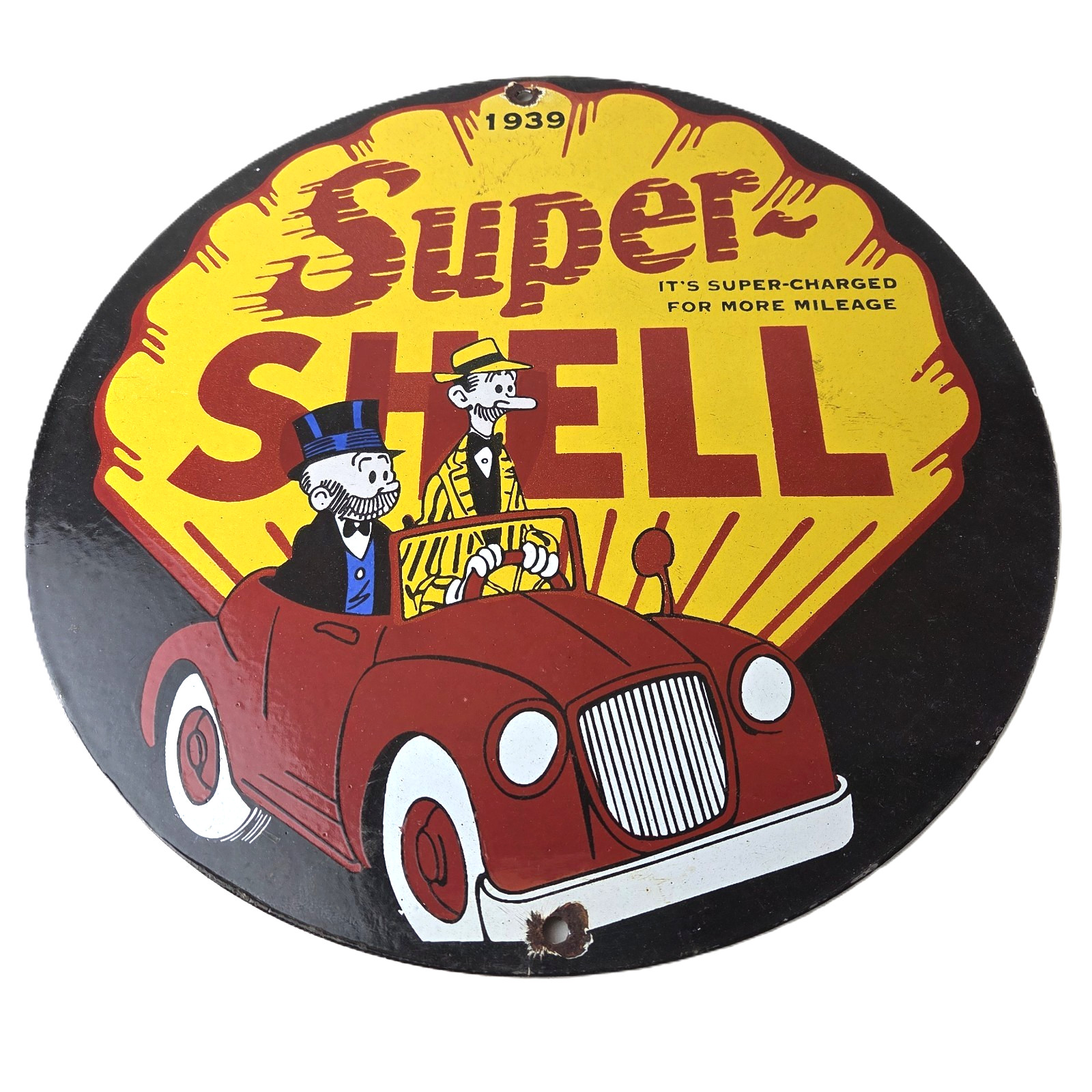 Vintage Super Shell Gasoline Sign - Service Gas Mutt & Jeff Porcelain Sign Vintage Super Shell Gasoline Sign - Service Gas Mutt & Jeff Porcelain Sign