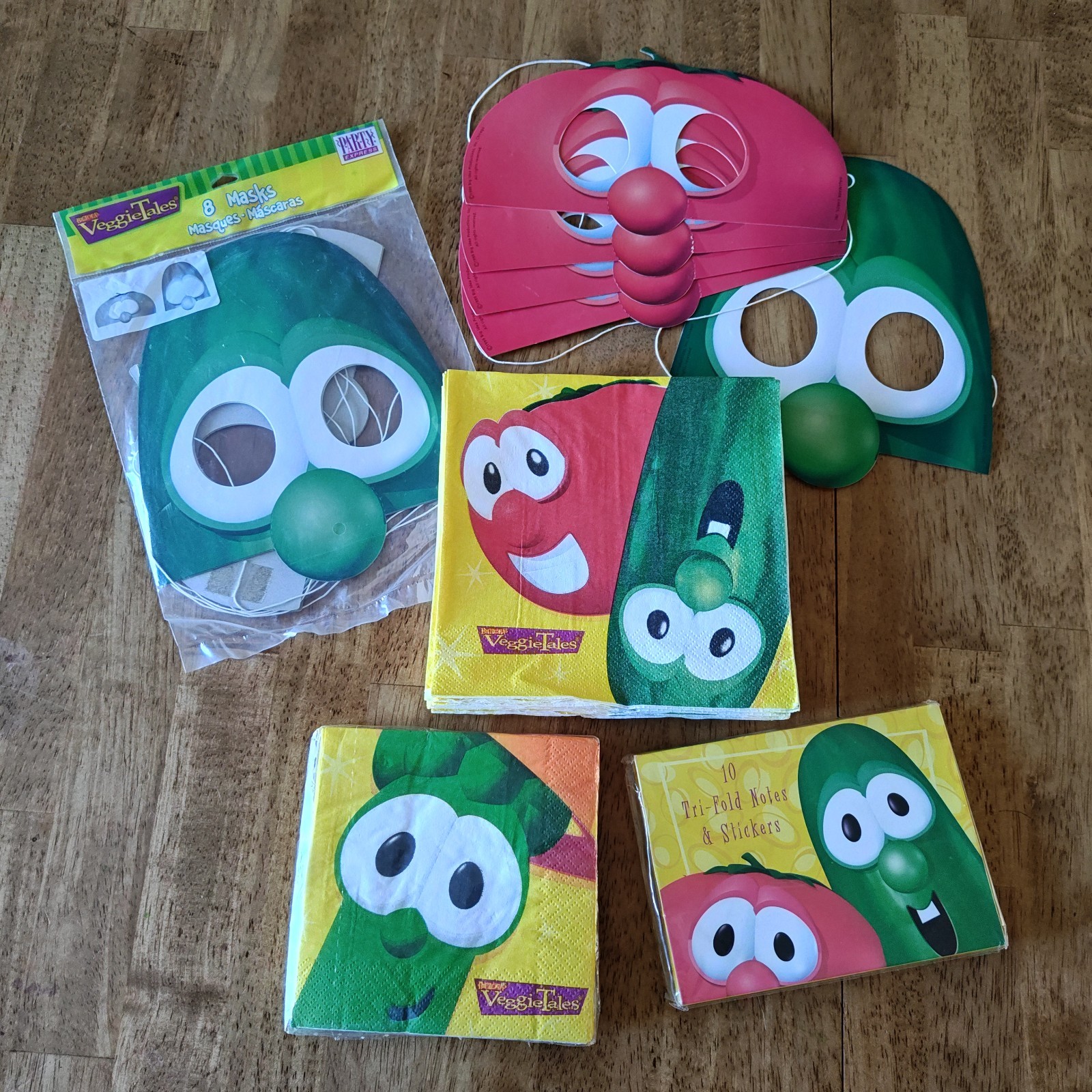 Vtg 90s Veggie Tales Birthday Party Supplies Napkins Bob & Larry Masks Notecards