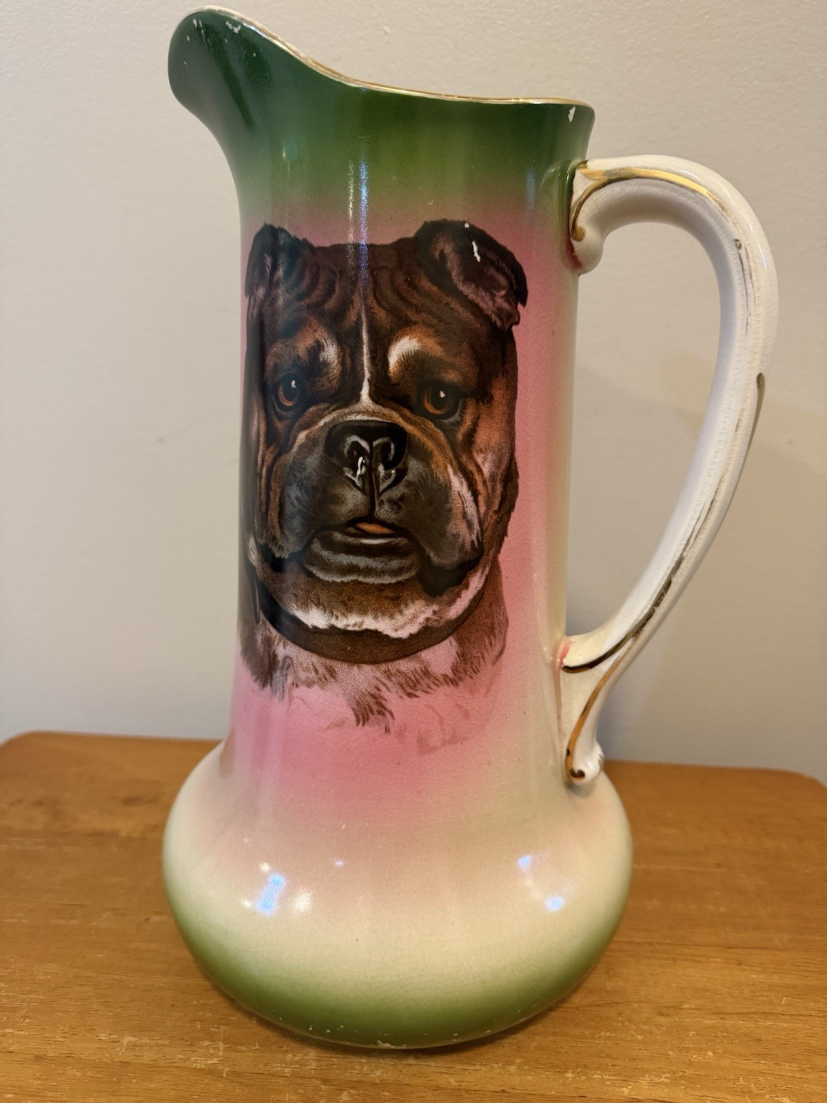 Antique KT&K Co. Bulldog Large Cider Pitcher Jug Semi Porcelain Ironstone 1890s