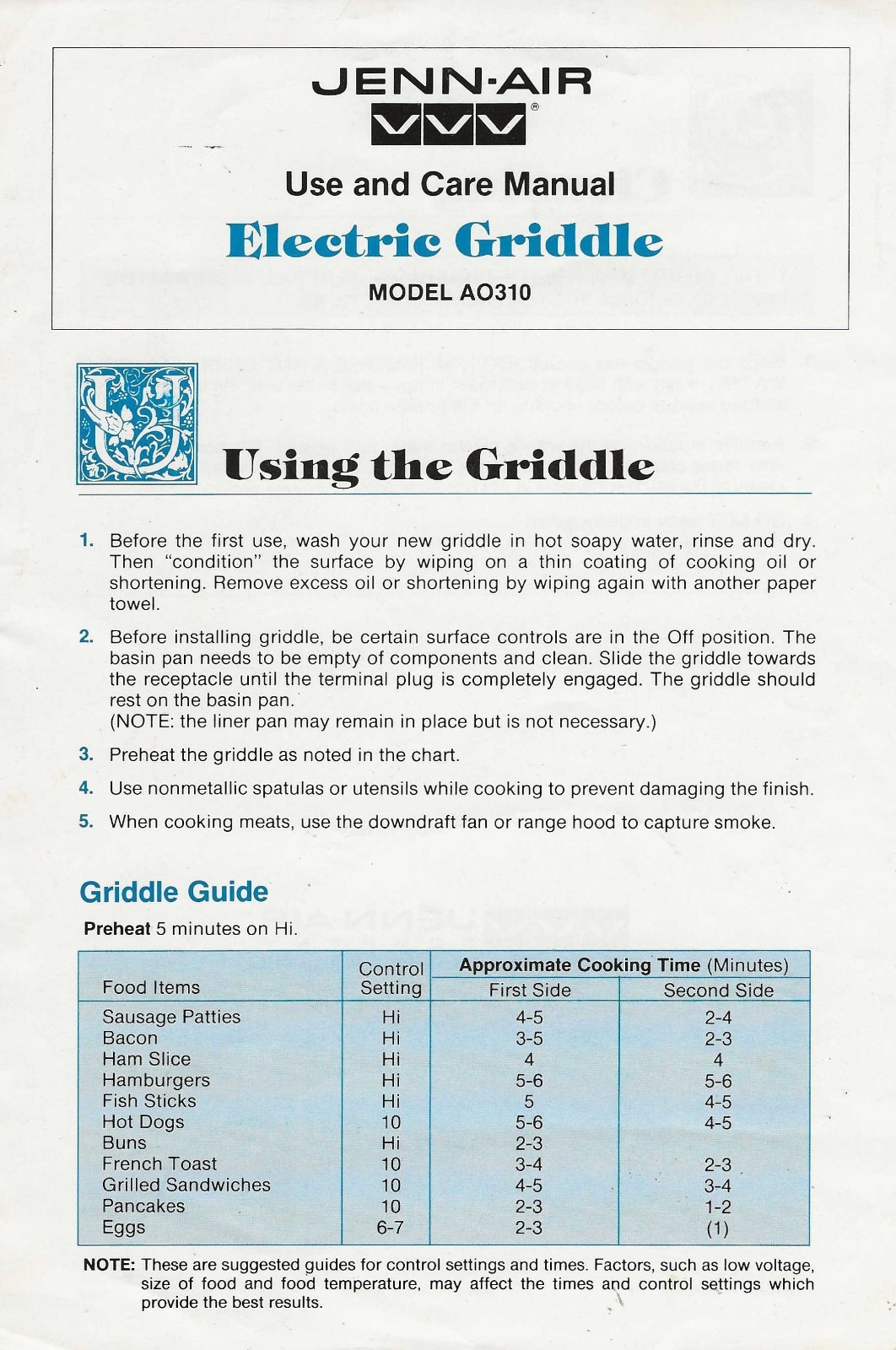 Vintage 1990 JENN-AIR Electric Griddle Model AO310 Use & Care Manual HTF Rare