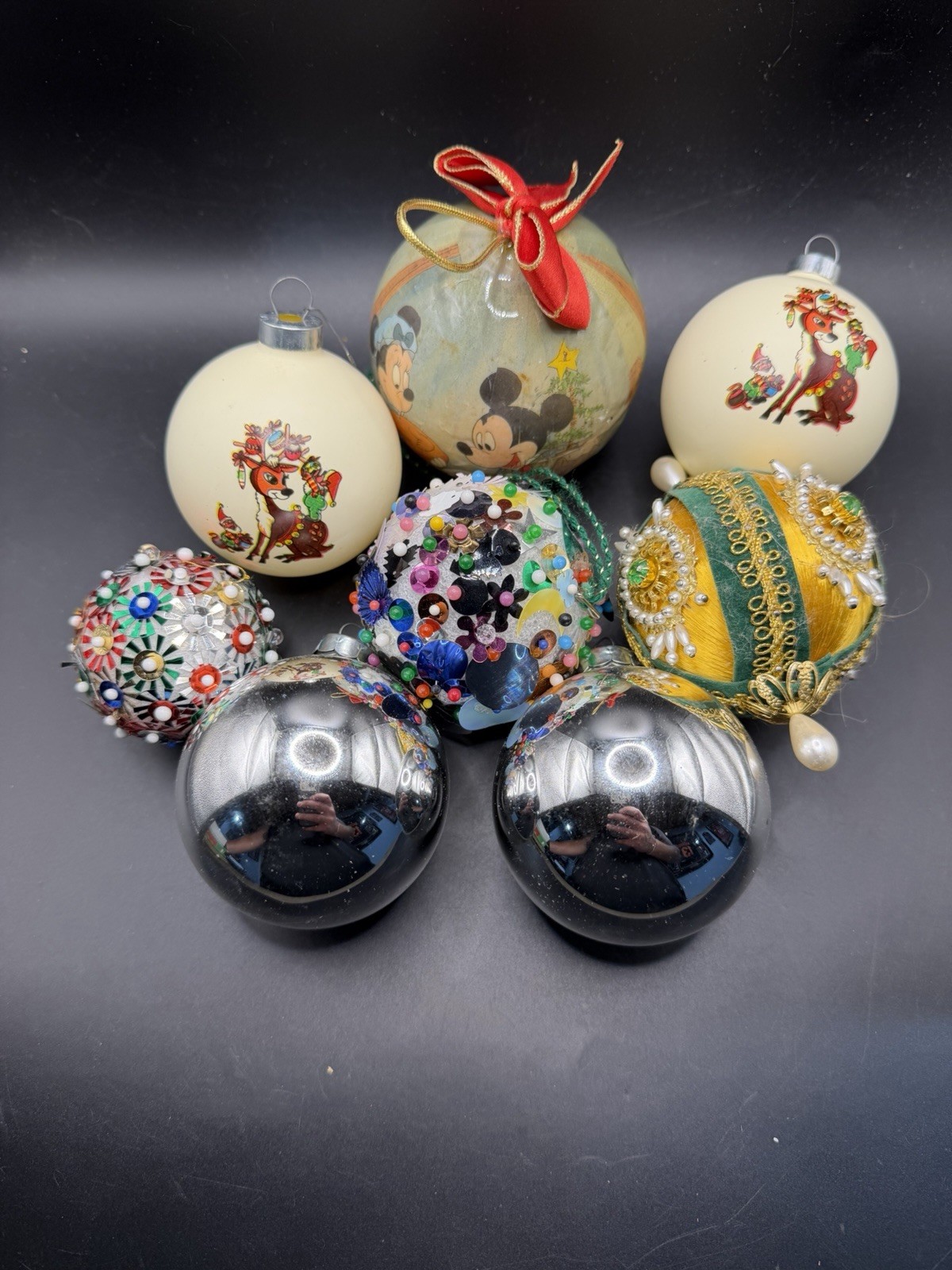 8 Pc Vintage Kitschy Christmas Ornaments Lot Mickey Mouse Satin Push Pin Glass 