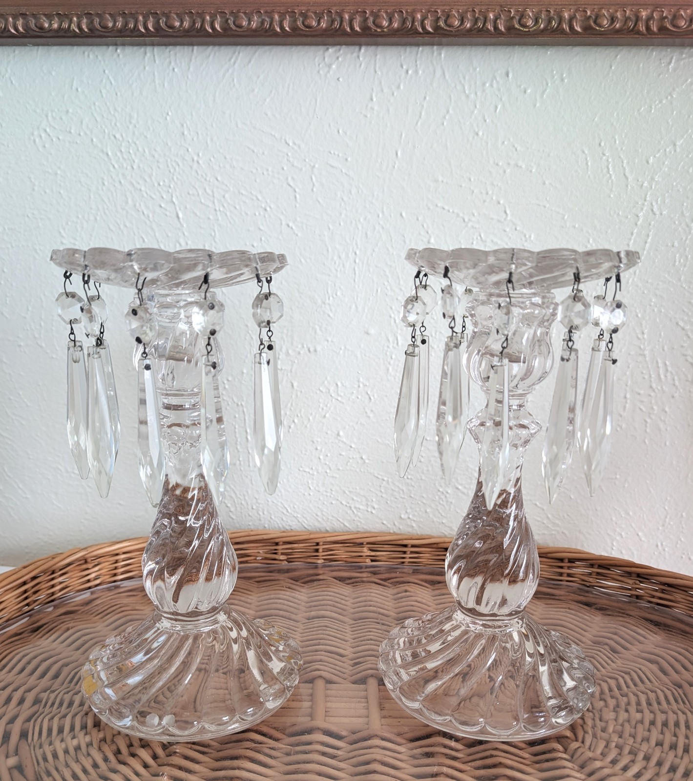 Vintage Fostoria Colony Swirl Glass Luster Candlesticks Hanging Prisms 9.5\