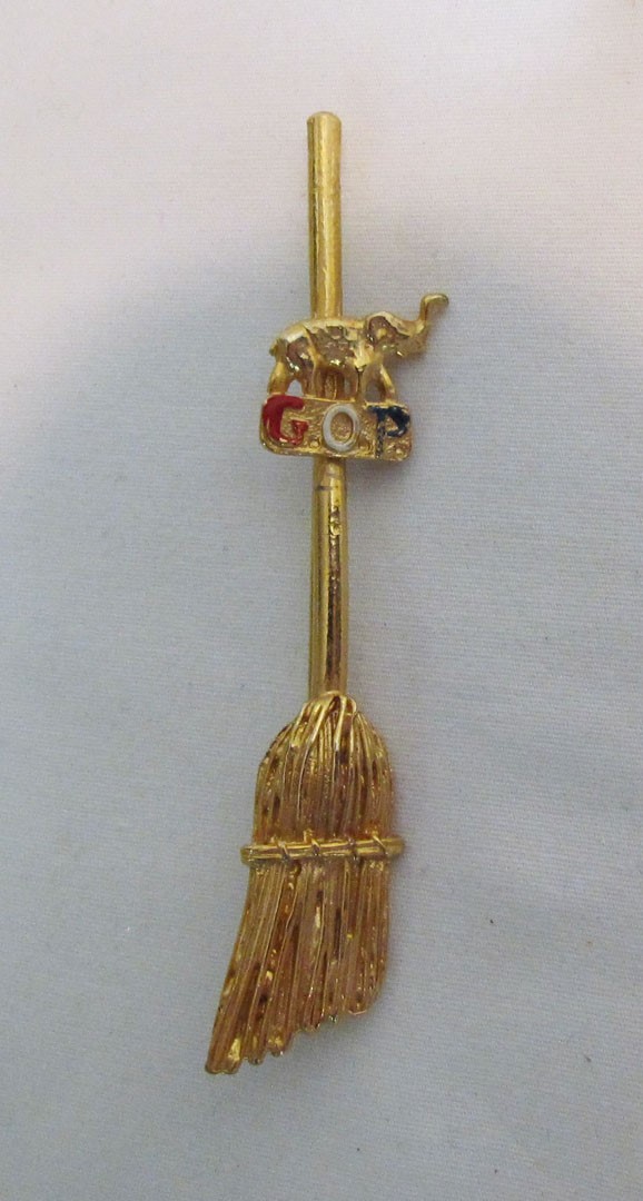 GOP REPUBLICAN PARTY ELEPHANT BROOM METAL PIN BROOCH COSTUME JEWELRY G.O.P.