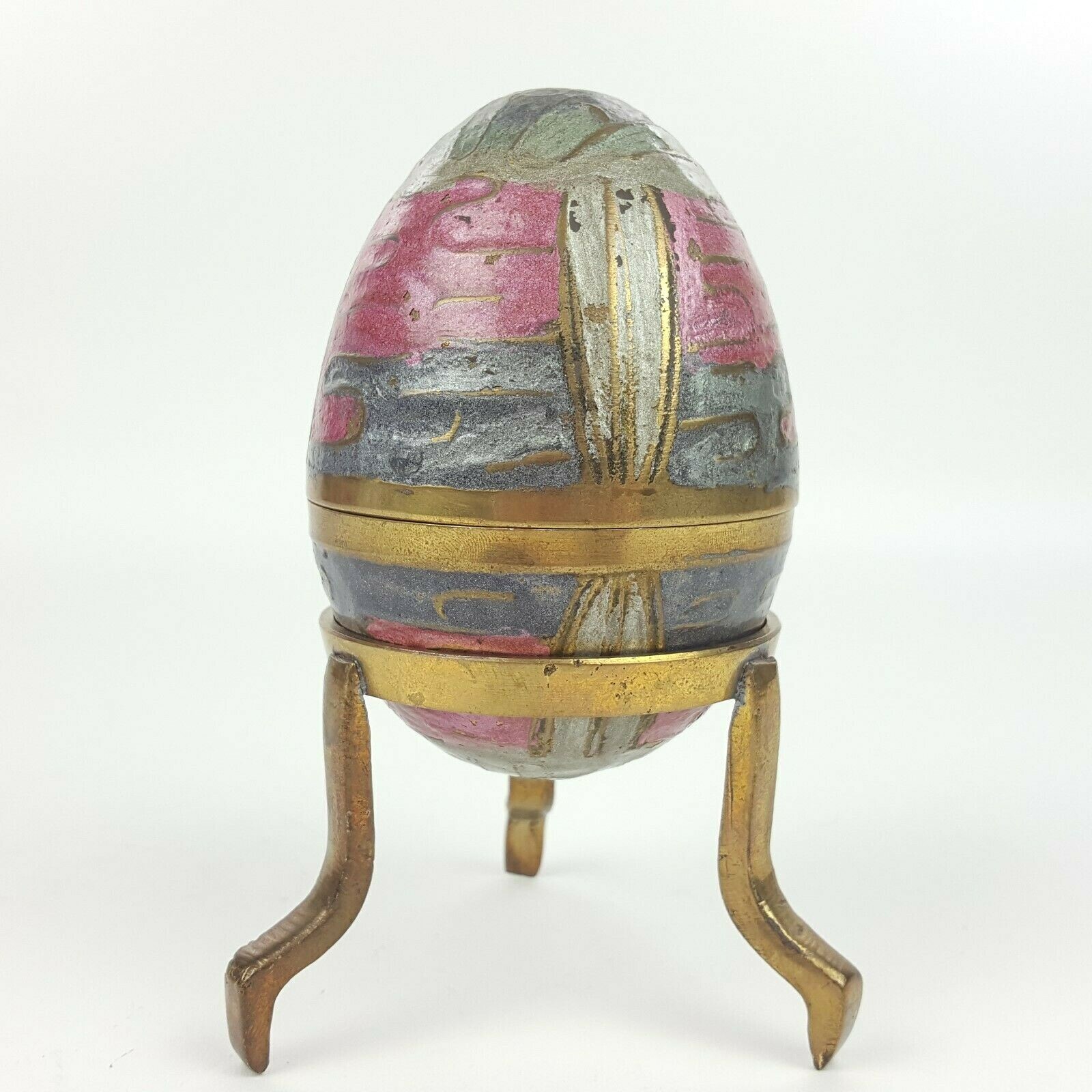 Vintage Decorative Enamel Brass Egg Trinket Box Container w/ Tripod Stand India Vintage Decorative Enamel Brass Egg Trinket Box Container w/ Tripod Stand India