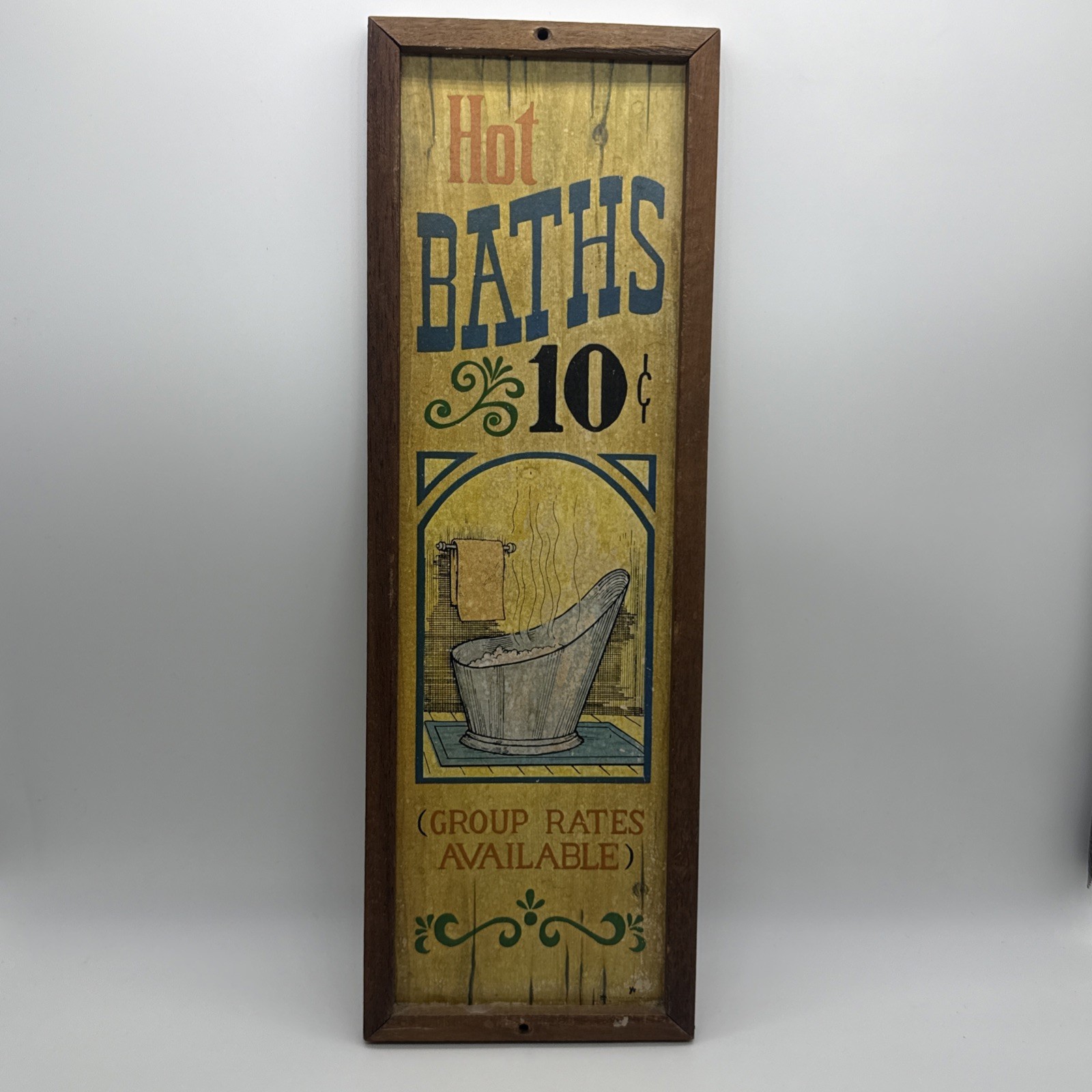 Vintage 1973 Wallace Berrie Hot Baths 10 Cent Wood Wall Plaque Sign 70s Vintage 1973 Wallace Berrie Hot Baths 10 Cent Wood Wall Plaque Sign 70s