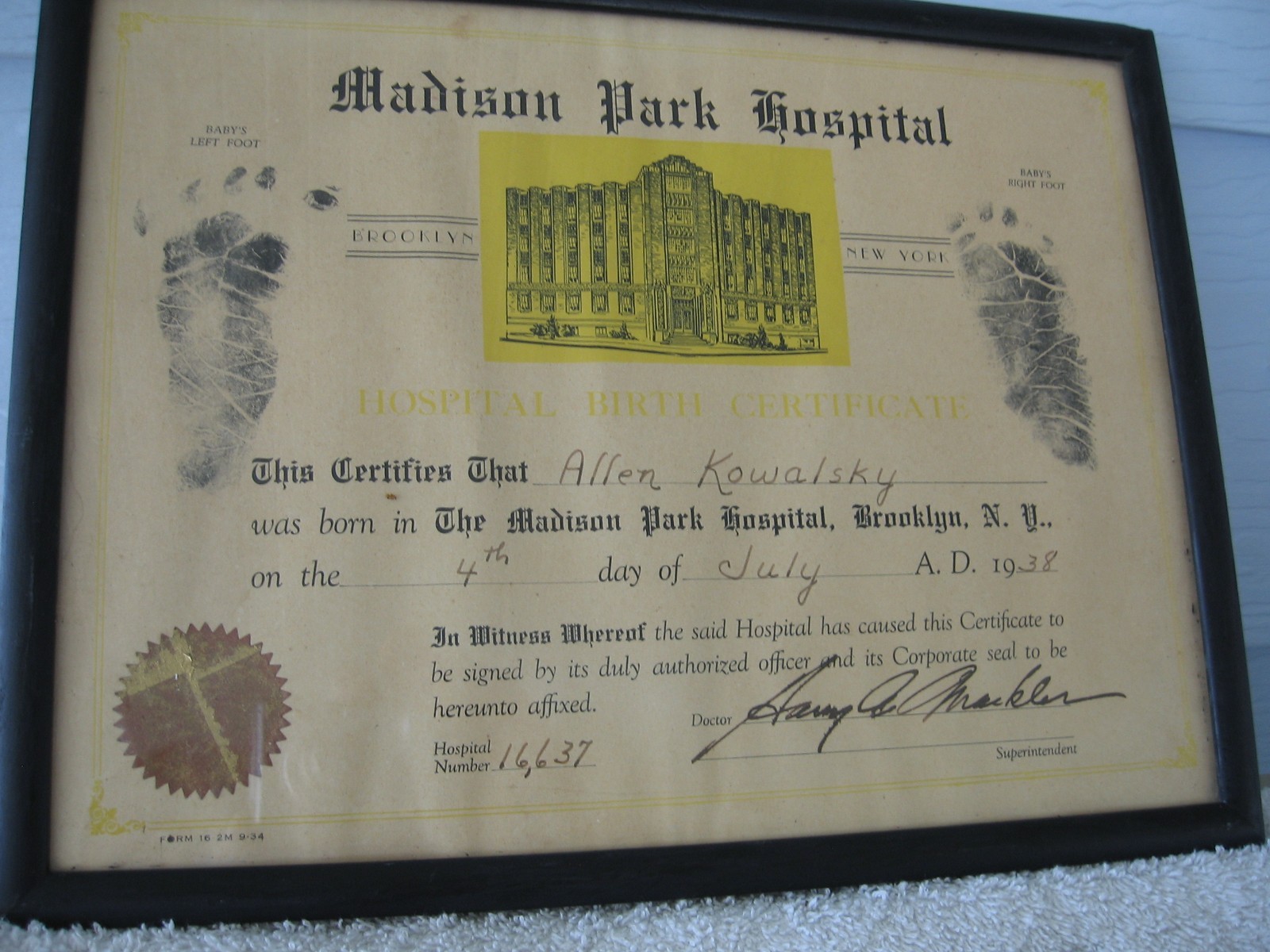 1938 New York Madison Park Hospital Birth Certificate Signed Dr. Harry Mackler