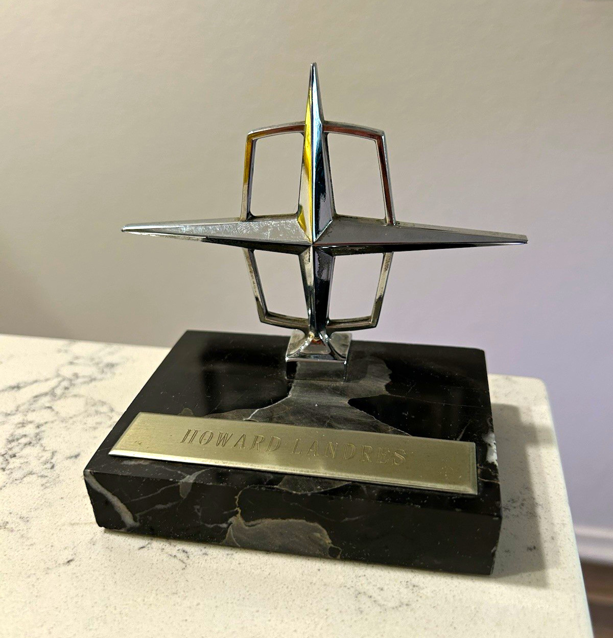 Lincoln Continental 1960s Chrome Star Hood Ornament Desk Trophy on Marble Base Lincoln Continental 1960s Chrome Star Hood Ornament Desk Trophy on Marble Base