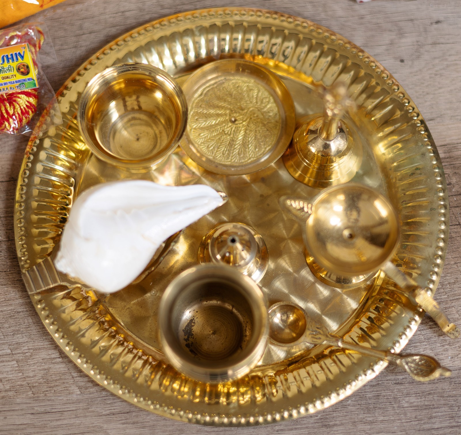 Hindu Puja Pooja Brass Aarti Thali Plate Diya Shankha Shell Incense Bell + BONUS