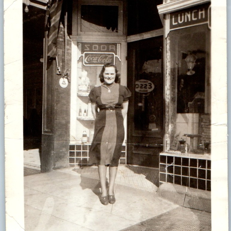 c1940s Cute Woman Coca-Cola Soda Lunch Storefront Sign Snapshot Photo Coke Esso c1940s Cute Woman Coca-Cola Soda Lunch Storefront Sign Snapshot Photo Coke Esso