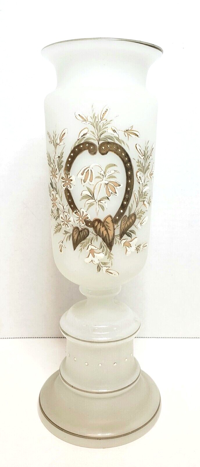Antique Frosted White Satin Bristol Glass Vase Painted Enamel 11\ Antique Frosted White Satin Bristol Glass Vase Painted Enamel 11\