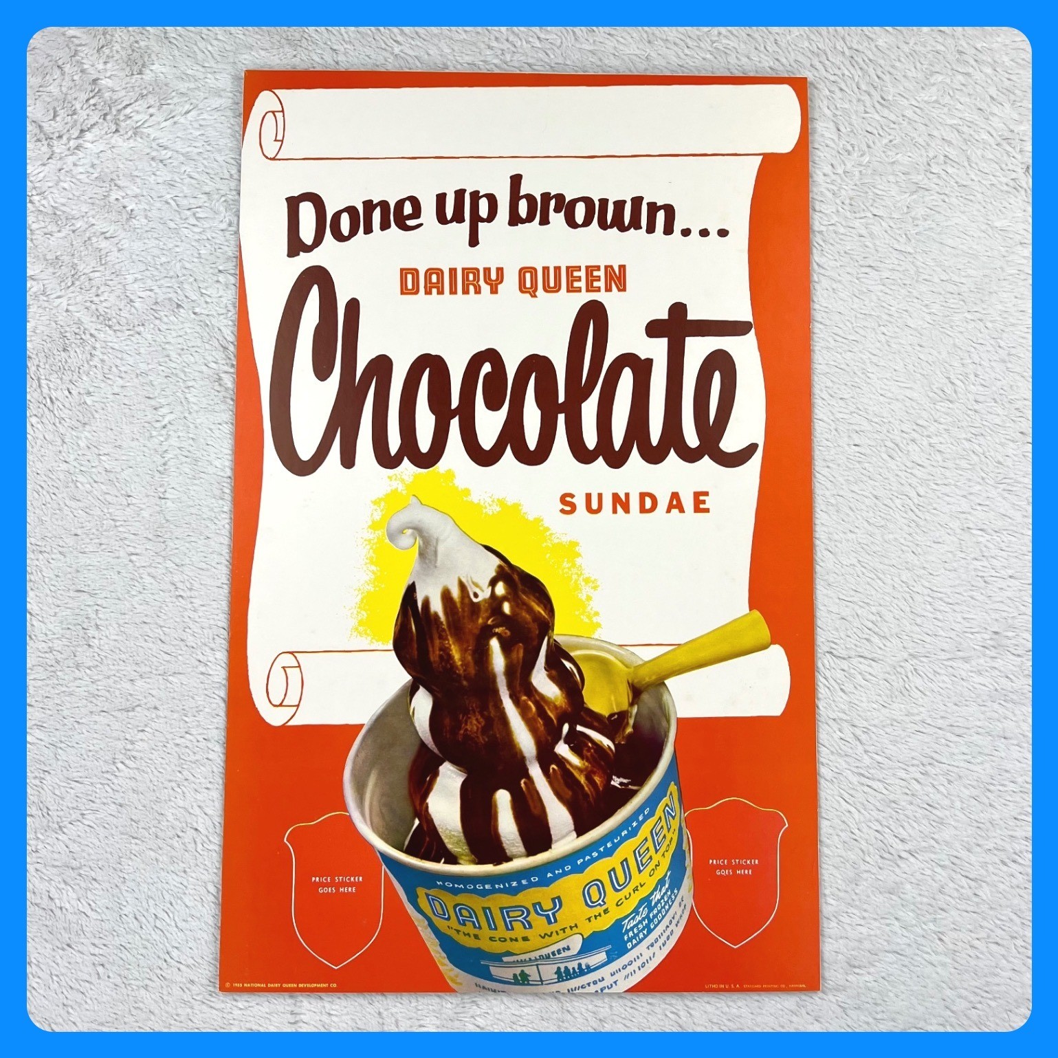 1950s Dairy Queen Chocolate Sundae Advertising Sign 22” Cardboard Display VTG