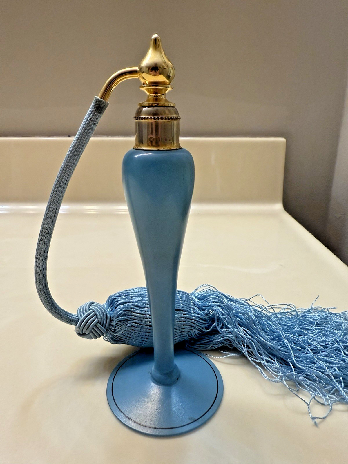 Vintage De Vilbiss Blue Glass Perfume Atomizer Bottle Signed Stamped Works