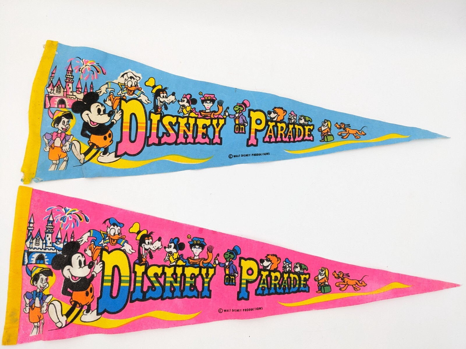 RARE Lot Of 2 Vintage Disney On Parade Pennant Flag Pink & Blue 25\