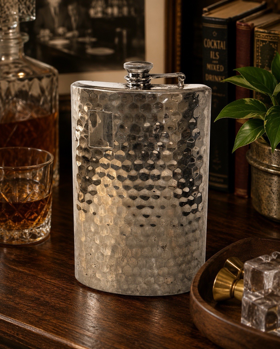 Vintage Japan Hammered Stainless Steel 16 oz Flask Japan MCM Barware 1960’s