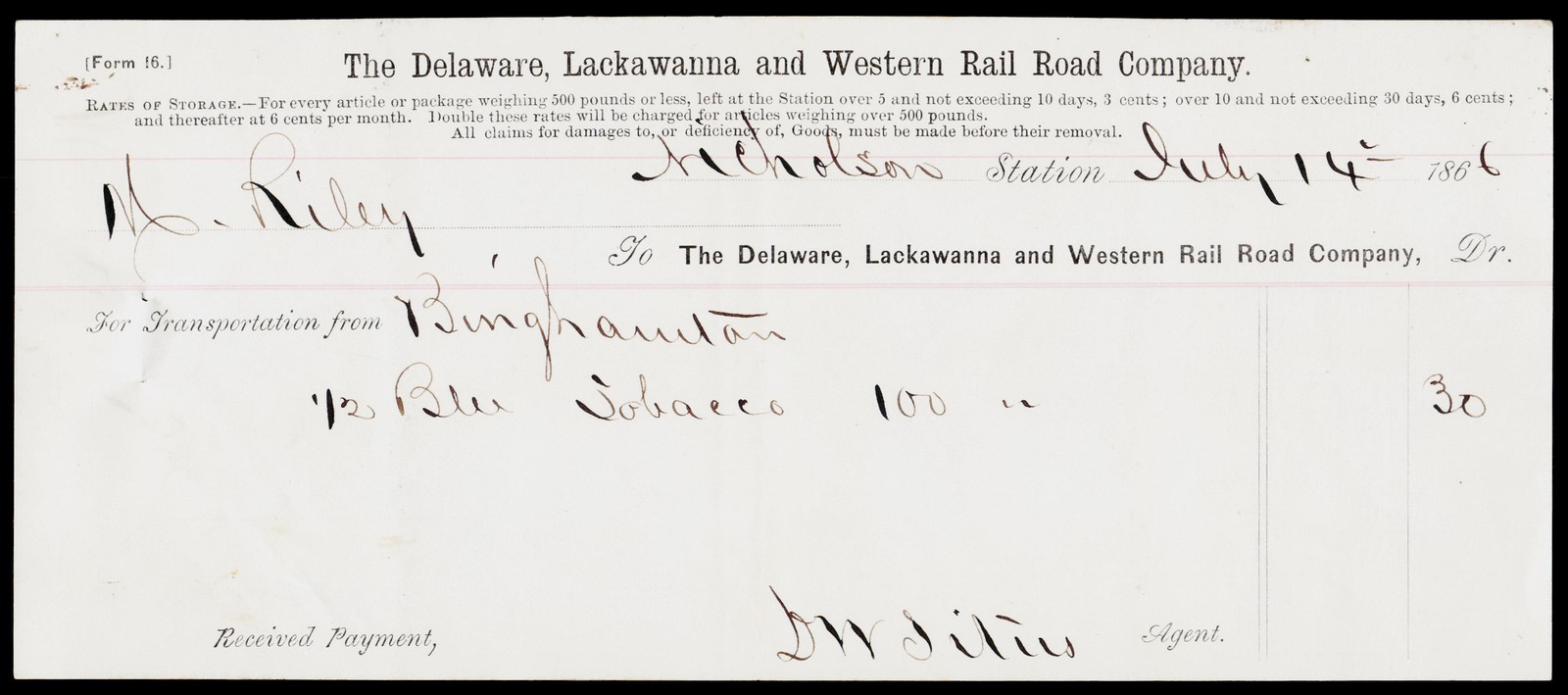 1866 Delaware Lackawanna & Western Rail Road Nicholson PA Tobacco Freight Receip 1866 Delaware Lackawanna & Western Rail Road Nicholson PA Tobacco Freight Receip