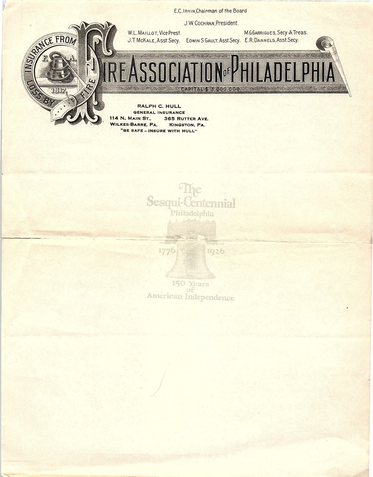 1926 Fire Association of Philadelphia Sesqui-Centennial bill