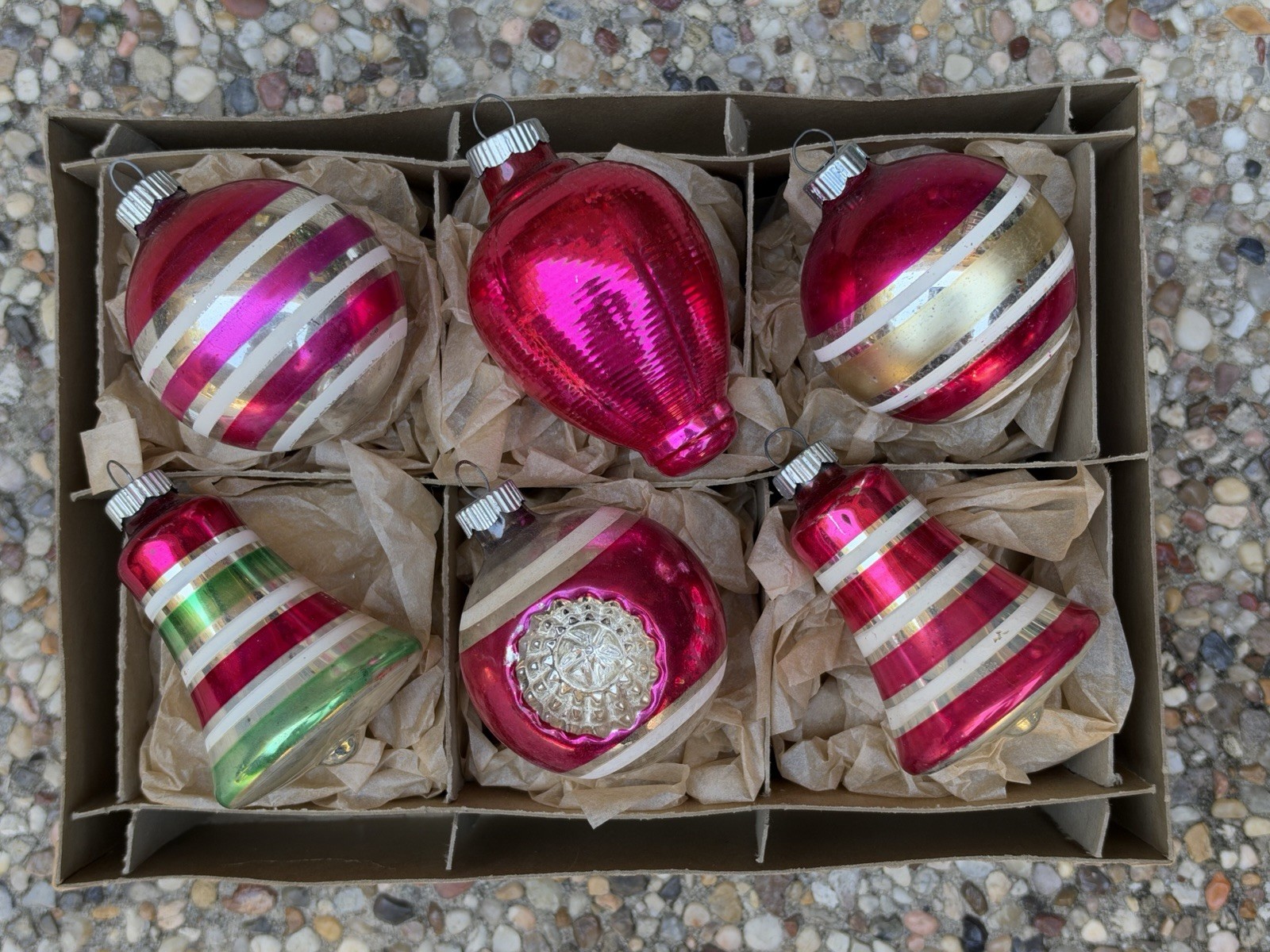 VTG Shiny Brite Made In USA Bells Stripes Lantern Double Indent Ornaments VTG Shiny Brite Made In USA Bells Stripes Lantern Double Indent Ornaments