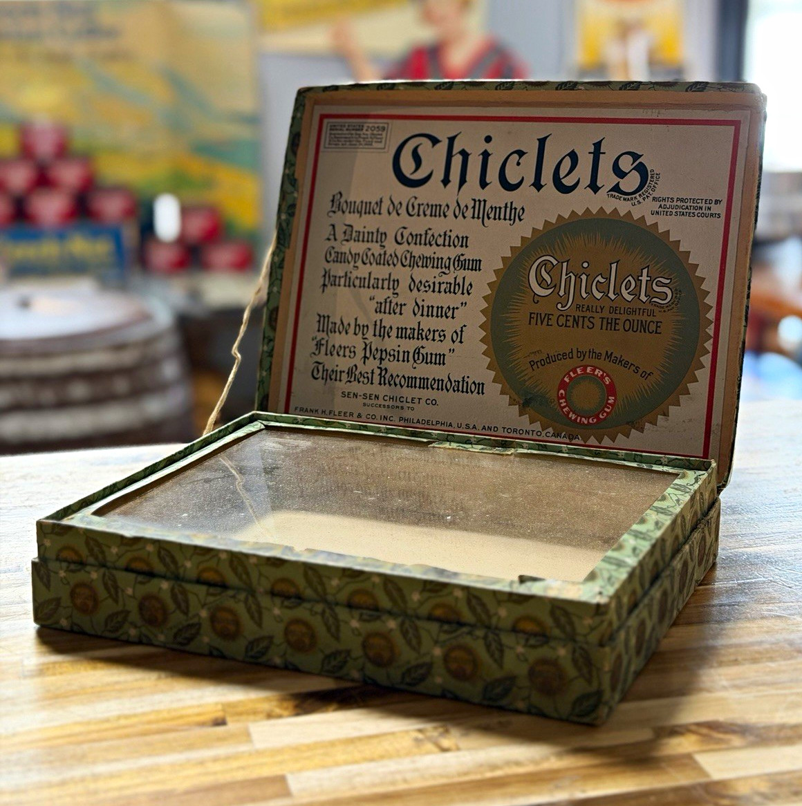 Antique c1906 Chiclets Chewing Gum Glass Counter Display Box Fleer Advertising Antique c1906 Chiclets Chewing Gum Glass Counter Display Box Fleer Advertising