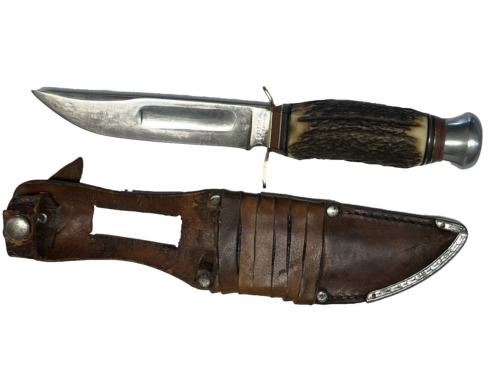 Vintage PUMA SCOUT KNIFE Pre-1964 Sambar Stag Handle w Sheath Stamp PUMA SOLIGEN