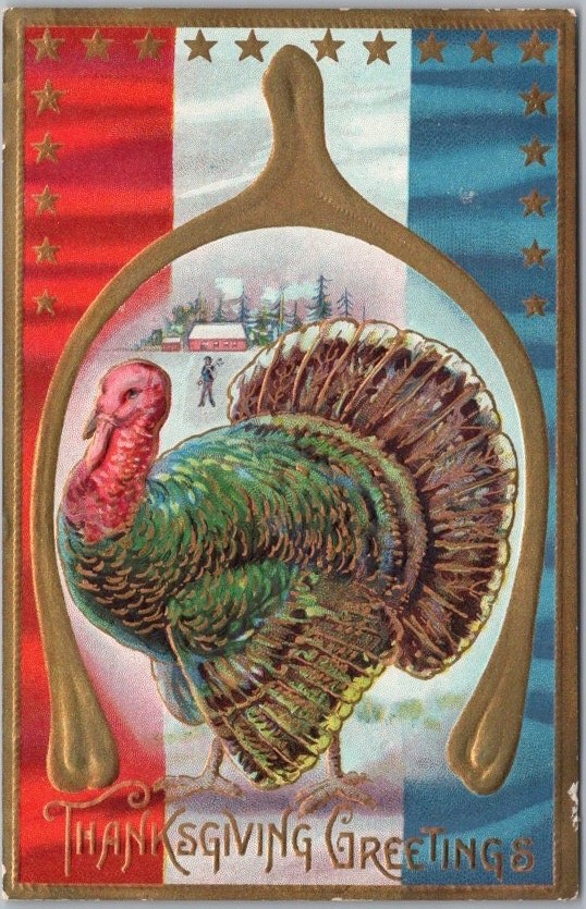 Vintage 1910s THANKSGIVING GREETINGS Embossed Postcard Turkey / Gold Wishbone