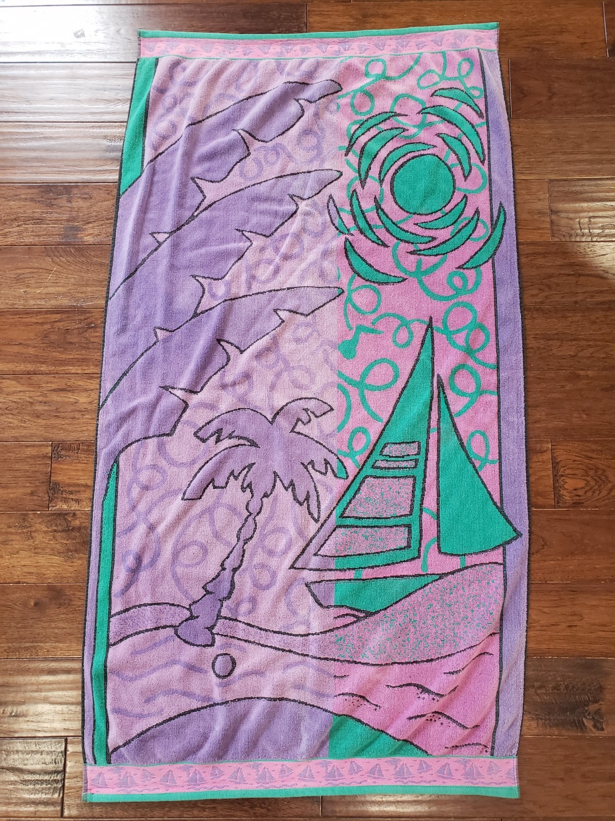 Cecil Saydah Vintage Beach Towel Pink Purple Teal Palm Tree Sail Boat Retro 80s Cecil Saydah Vintage Beach Towel Pink Purple Teal Palm Tree Sail Boat Retro 80s