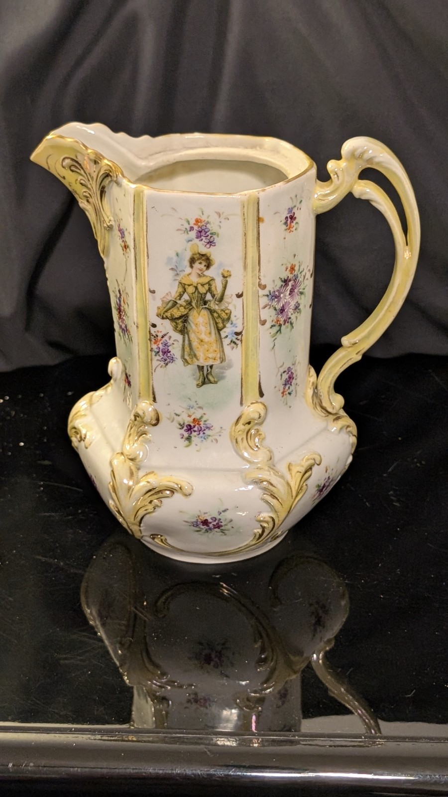 Antique German Porcelain Pitcher Jug Courting Couple Satin Glaze Gold Gilt VTG ( Antique German Porcelain Pitcher Jug Courting Couple Satin Glaze Gold Gilt VTG (