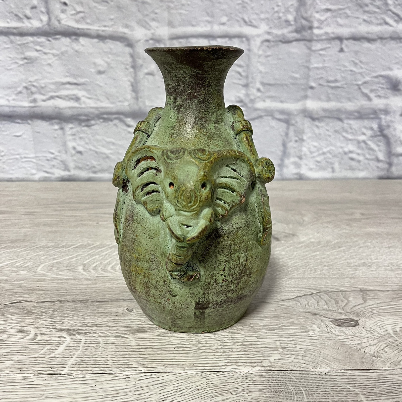Vtg Hand Made Green Terracotta Clay Pottery Elephant Vase Jar Thailand?