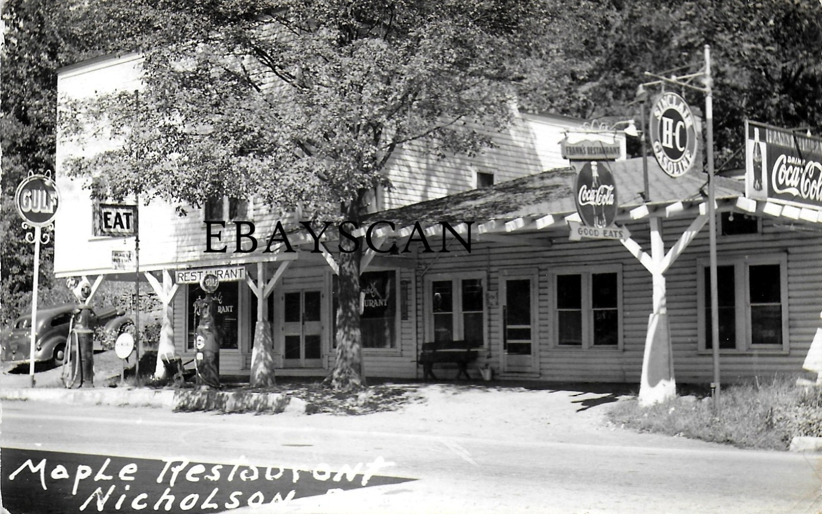 NICHOLSON PA RPPC- MAPLE / FRANK\'s RESTAURANT - GAS STATION - COCA COLA SIGNs