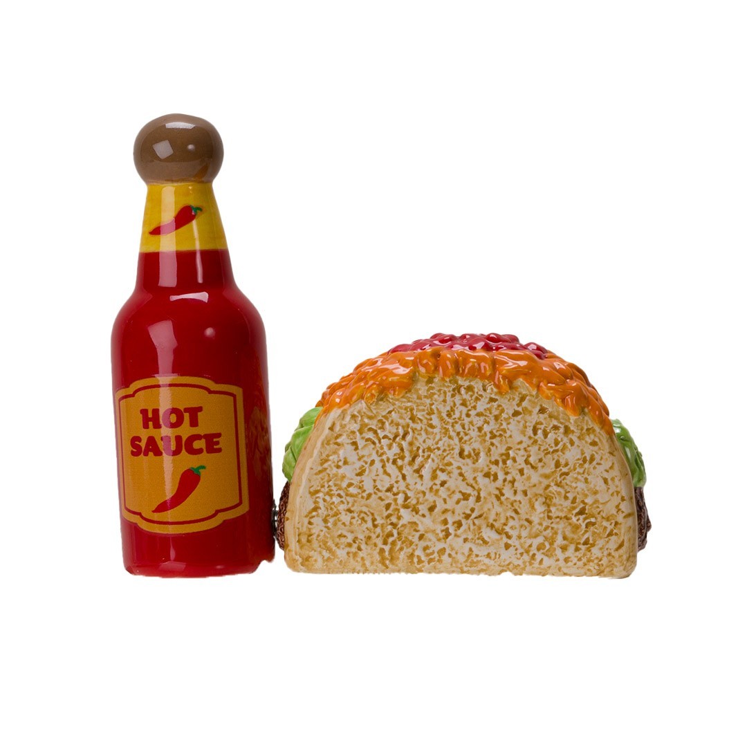PT Taco Tuesday Taco & Hot Sauce Magnetic Ceramic Salt and Pepper Shakers Set PT Taco Tuesday Taco & Hot Sauce Magnetic Ceramic Salt and Pepper Shakers Set