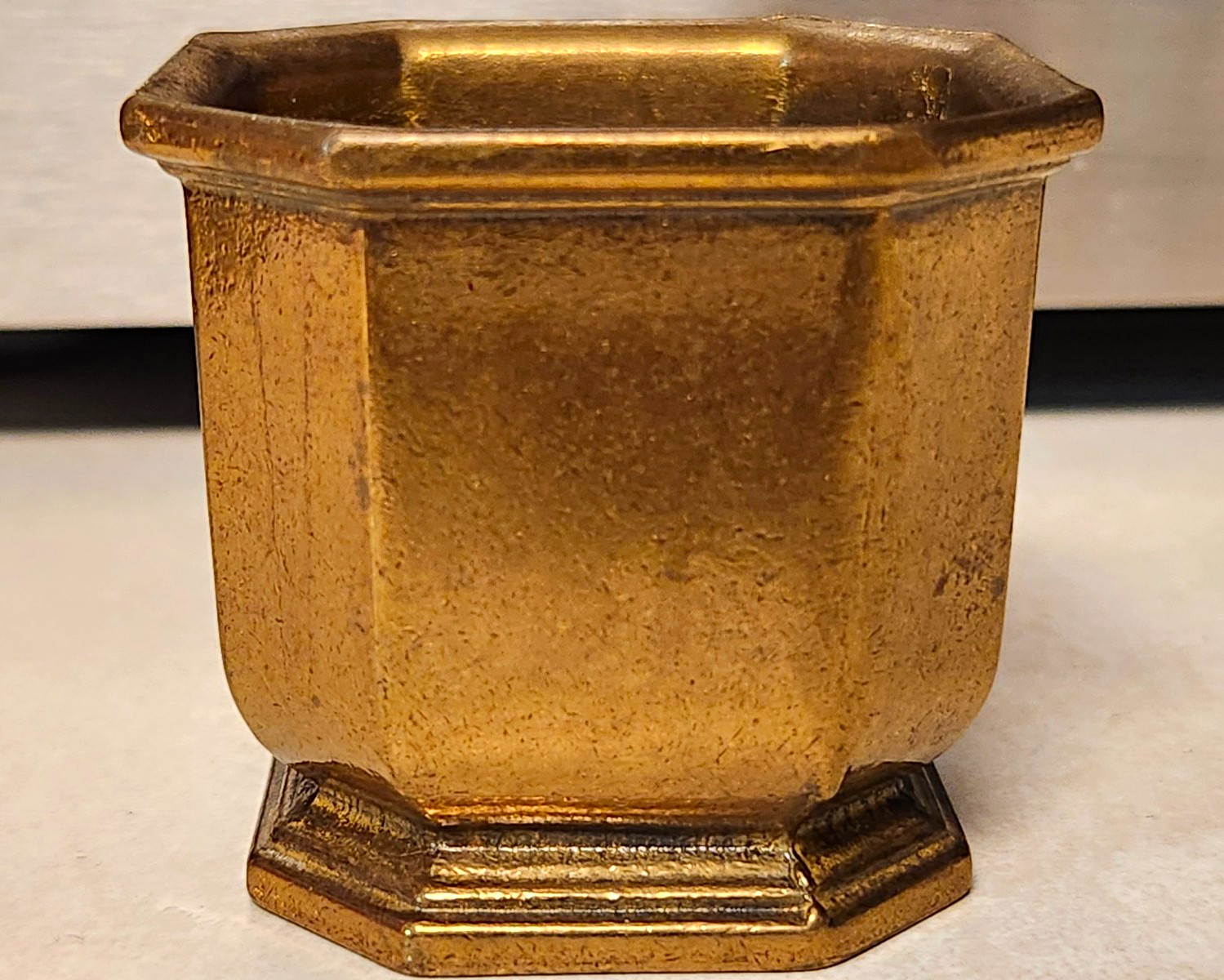 Vintage Solid Brass Octagonal Planter – Faceted Pedestal Cashe/Succulent Pot