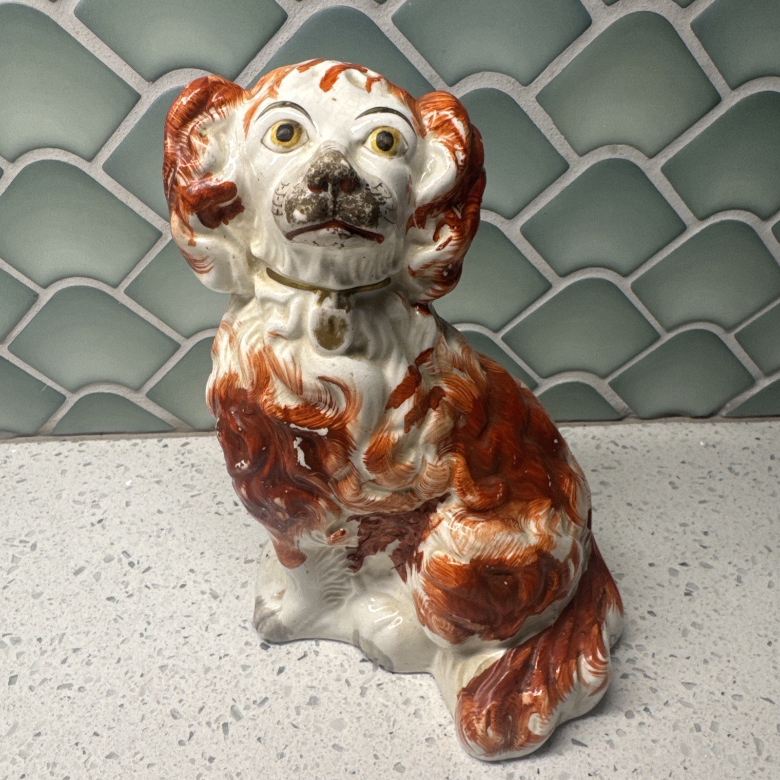 Antique Staffordshire Spaniel 7.5 Inches Tall Rust White Collar Padlock