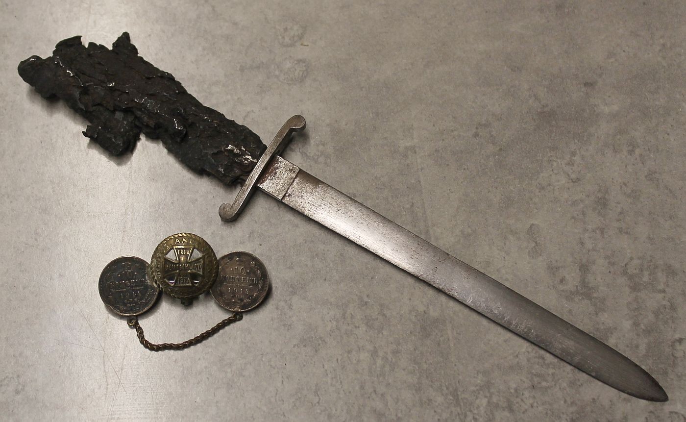 WWI Trench Art Shrapnel Letter Opener & Silver Russian Coin Brooch Grouping 1916
