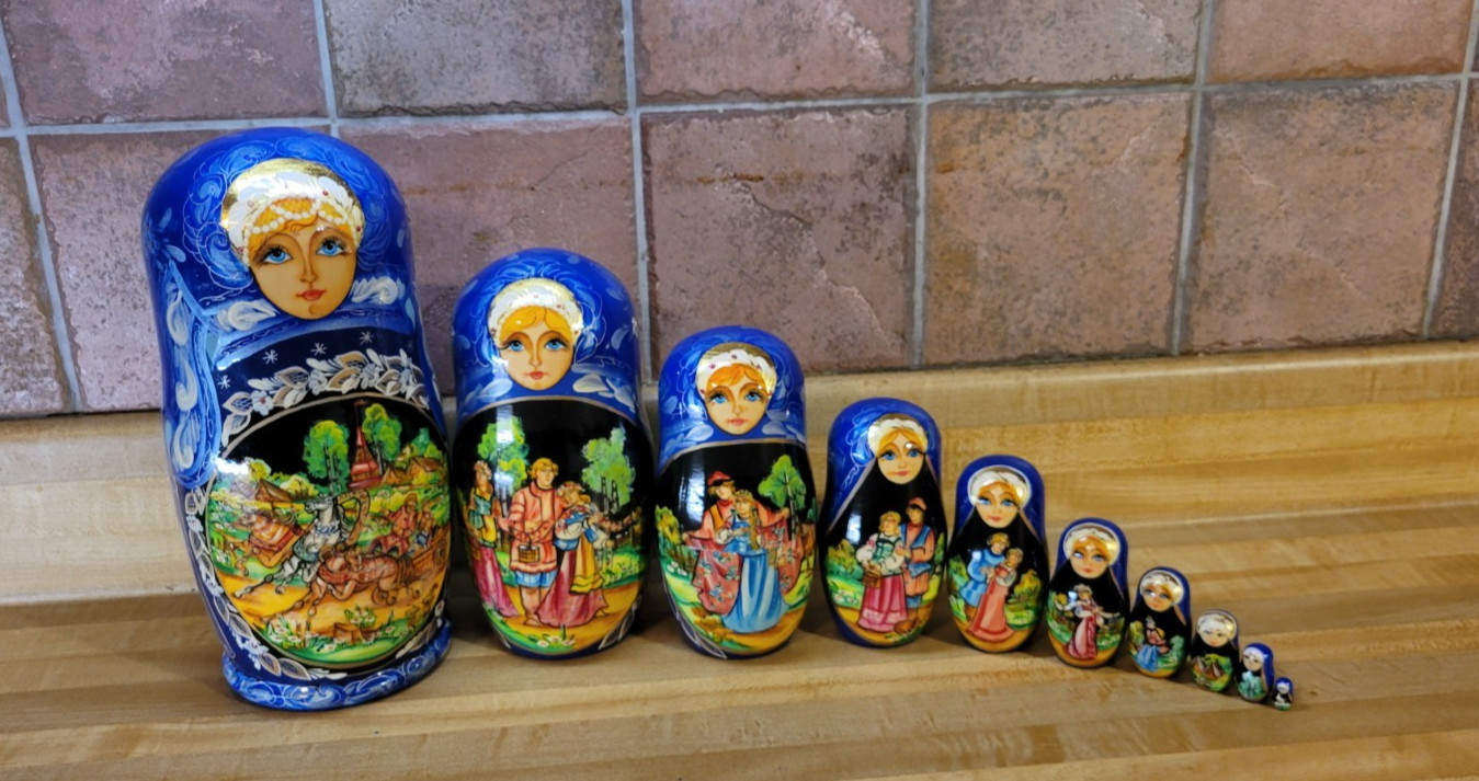 Vintage SET OF 10 Hand Painted Wedding Kingdom Signed Blue Russian Nesting Dolls