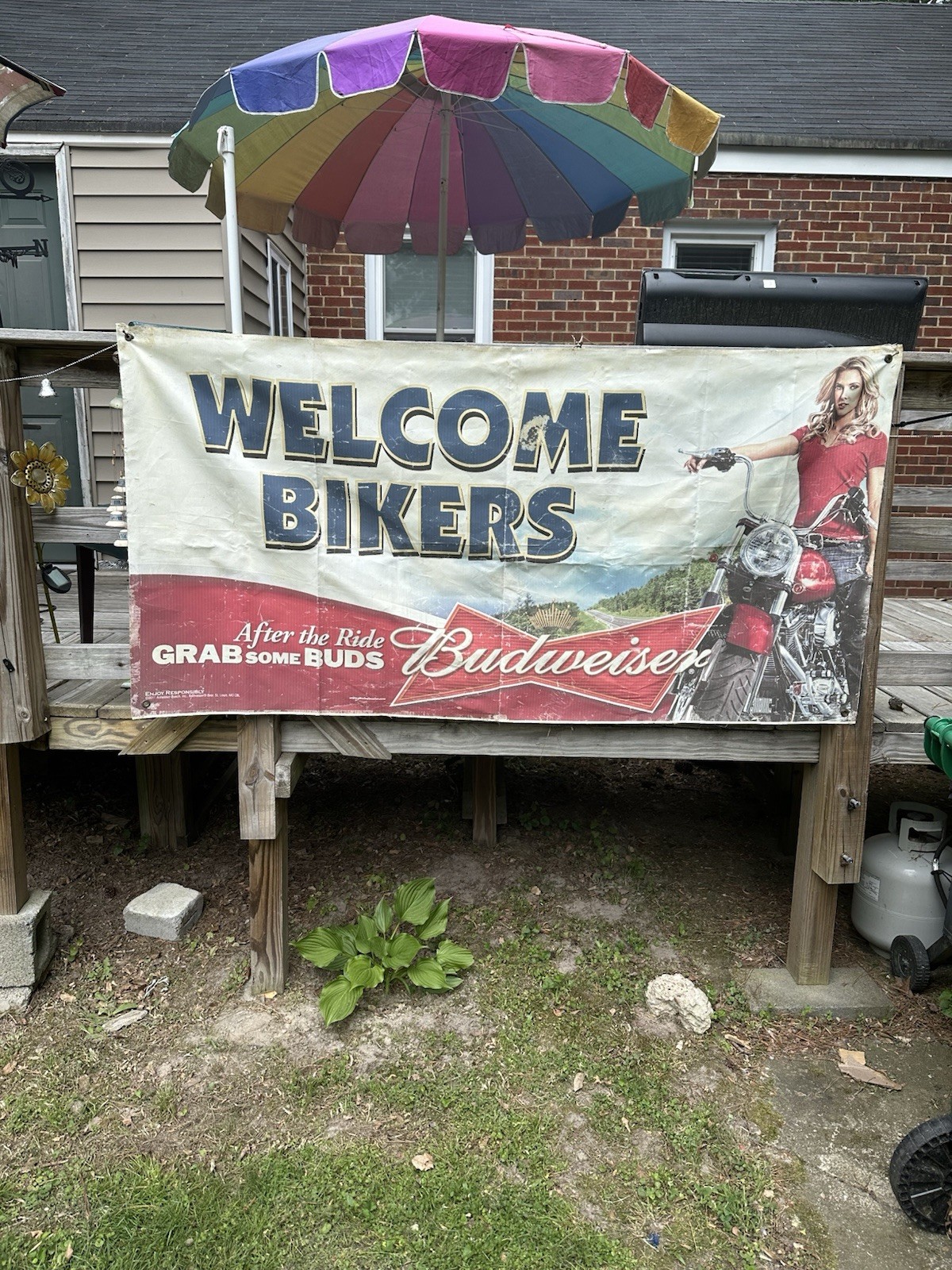 BUDWEISER WELCOME BIKERS-AFTER THE RIDE GRAB SOME BUDS BEER BANNER 70”x 36” USED BUDWEISER WELCOME BIKERS-AFTER THE RIDE GRAB SOME BUDS BEER BANNER 70”x 36” USED