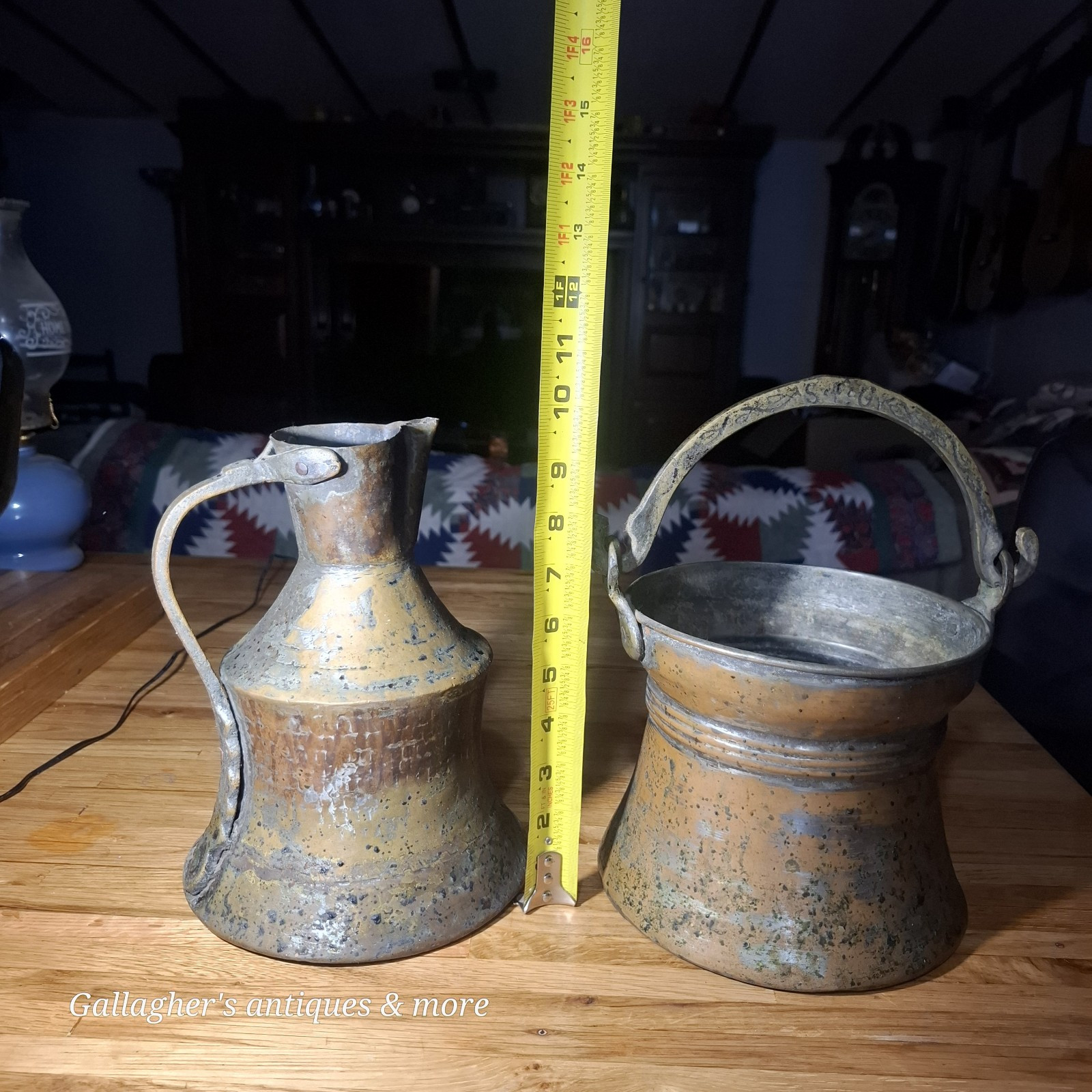 Lot Of 2 Antique Primitive Hammered Copper Brass Kettle Pitcher Jug Coldron Cook Lot Of 2 Antique Primitive Hammered Copper Brass Kettle Pitcher Jug Coldron Cook