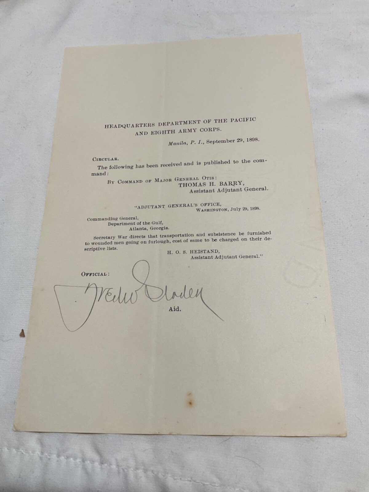 WWI HERO FREDRICK W SLADEN SGN ODER MANILA 1898 DSC FRANCE AEF 3d DIV  1797