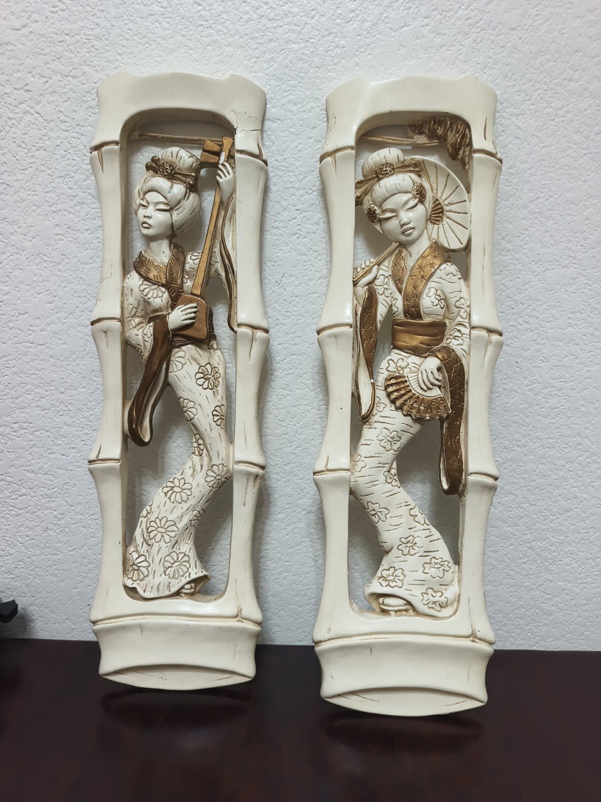 VINTAGE MCM ASIAN CHALKWARE WALL PLAQUES 23 x 6 1/2
