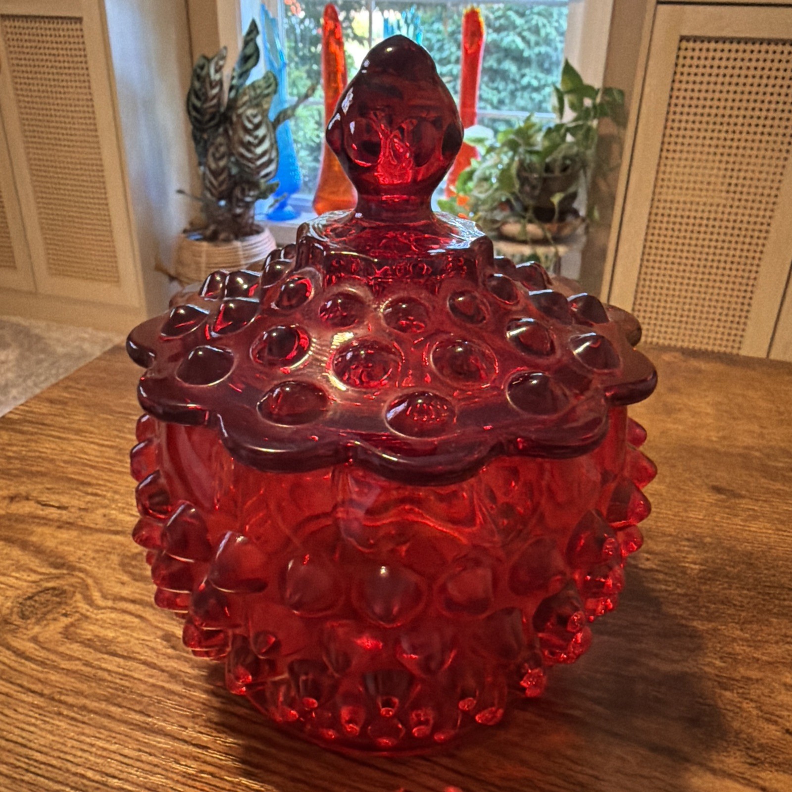 RARE Vintage FENTON Ruby Red Amberina Hobnail Covered Candy Dish