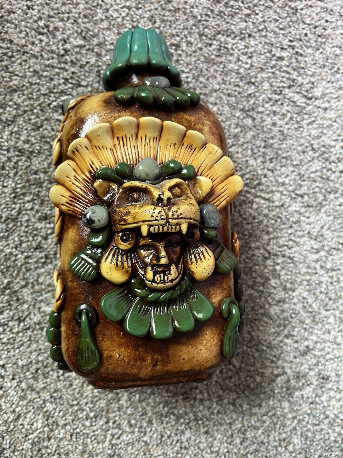 Vintage Aztec Mexican Folk Art Tequila Bottle. Hand Made
