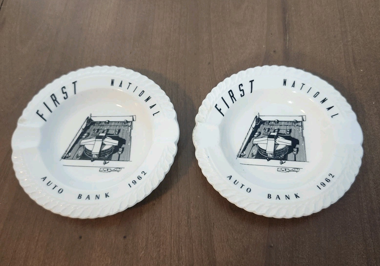 Ashtrays First National Auto Bank Vintage Tobacco 1962 Harker China Lot Of 2 Ashtrays First National Auto Bank Vintage Tobacco 1962 Harker China Lot Of 2
