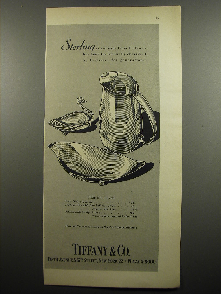 1955 Tiffany & Co. Advertisement - Sterling Swan Dish, Shallow Dish, Pitcher 1955 Tiffany & Co. Advertisement - Sterling Swan Dish, Shallow Dish, Pitcher