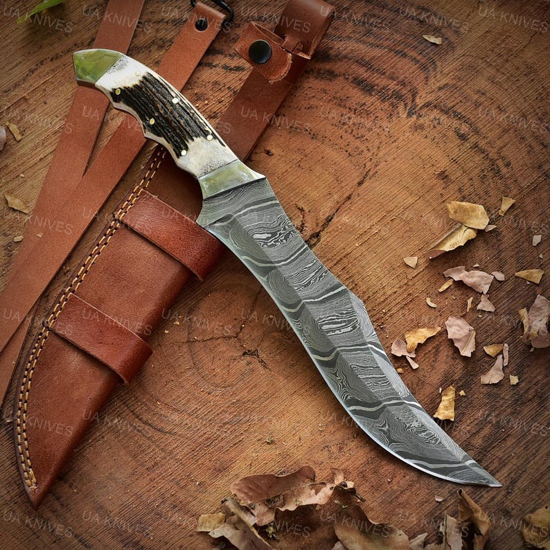 Hand Forged Damascus Steel Hunting Bowie Knife – Stag Horn Handle with Sheath Hand Forged Damascus Steel Hunting Bowie Knife – Stag Horn Handle with Sheath