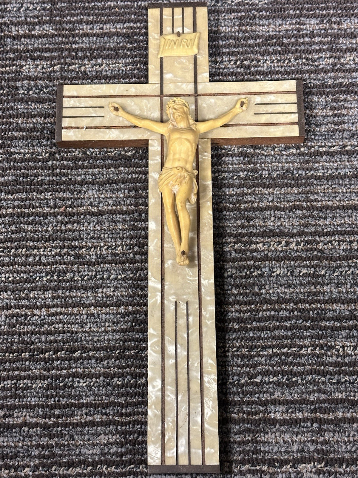 Vintage Crucifix Wooden Sick Call Last Rites Faux Mother Of Pearl 14”