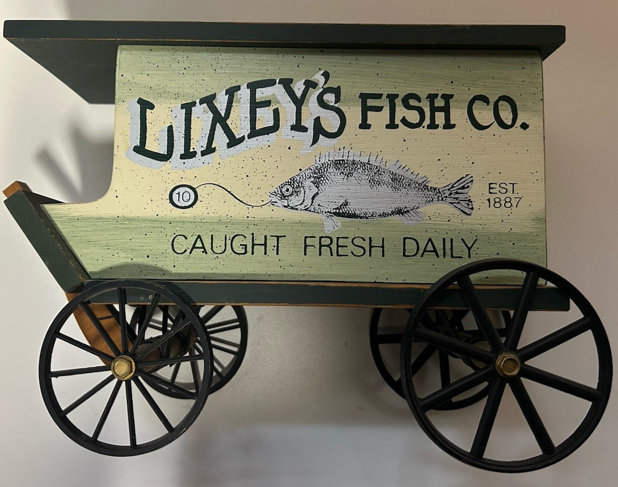 VINTAGE WOODEN MINIATURE “LIXEY’S FISH CO.” WAGON-EAST TAWAS, MI